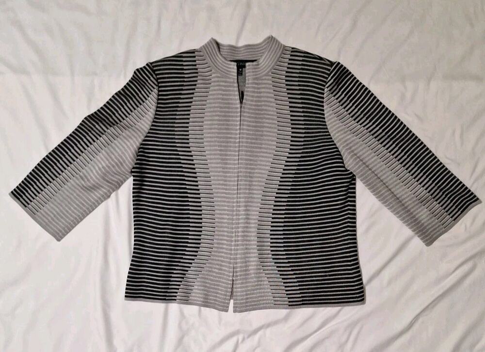 Womens Size M Ming Wang Zip Up 3/4 Sleeve Cardigan Gray/Black EUC